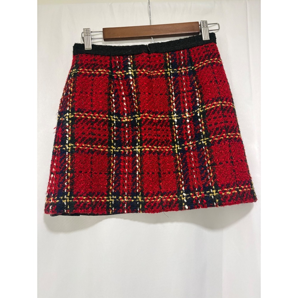 Zara Red Plaid Bouclé Tweed Mini Skirt Black Trim Gold Buttons XS - Picture 5 of 11